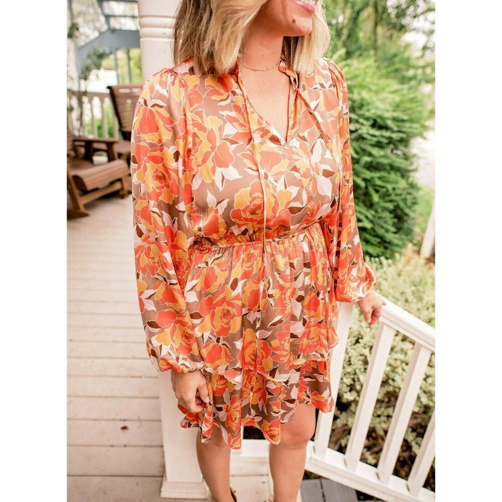 ANDREE BY UNIT Orange Taupe Floral Printed Satin Dress Fall New S-L D10288 - Picture 11 of 12